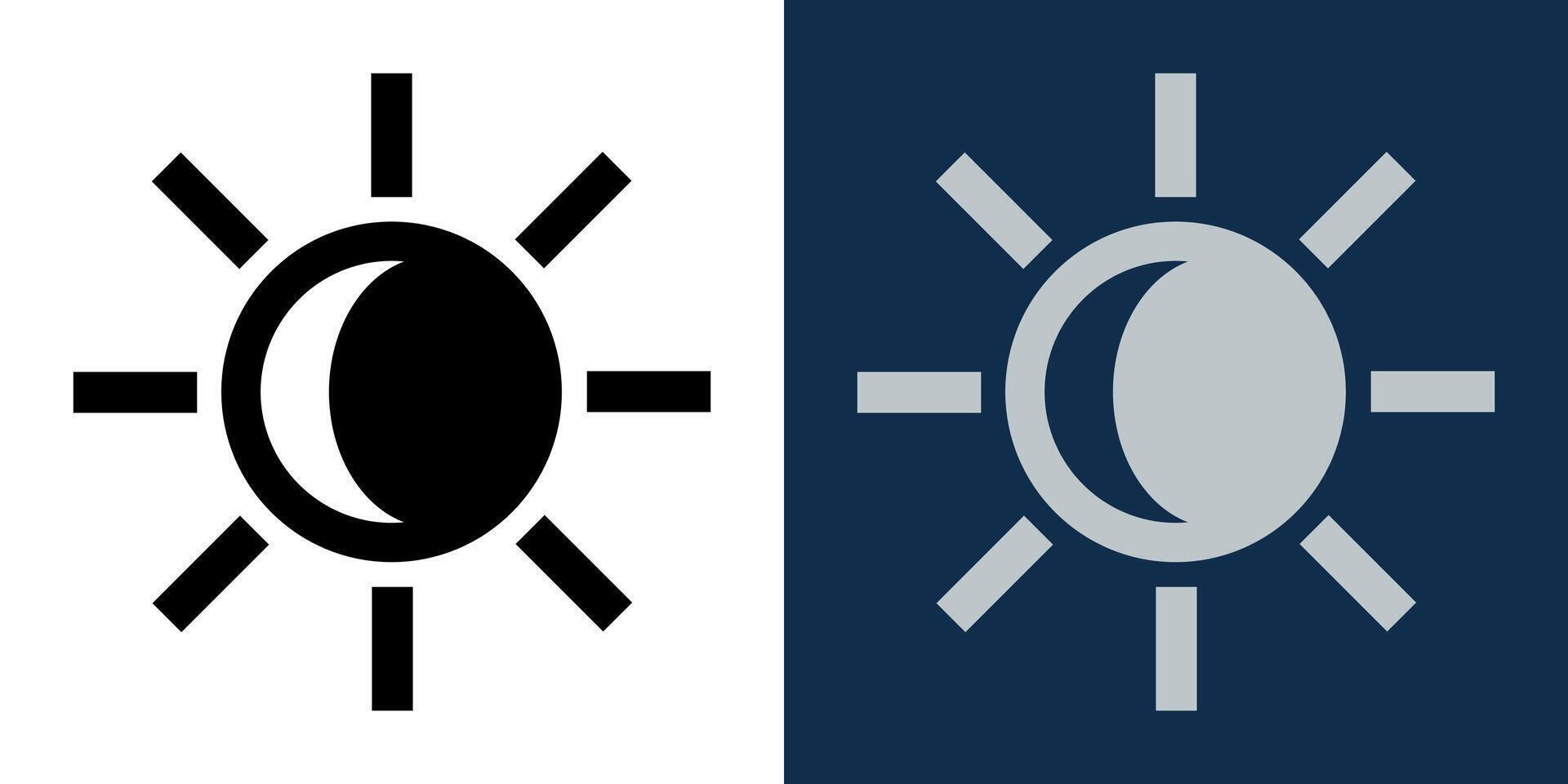 Day and night. Black and white sun icons with the moon. Symbols of brightness and dark mode. Brightness control icons vector