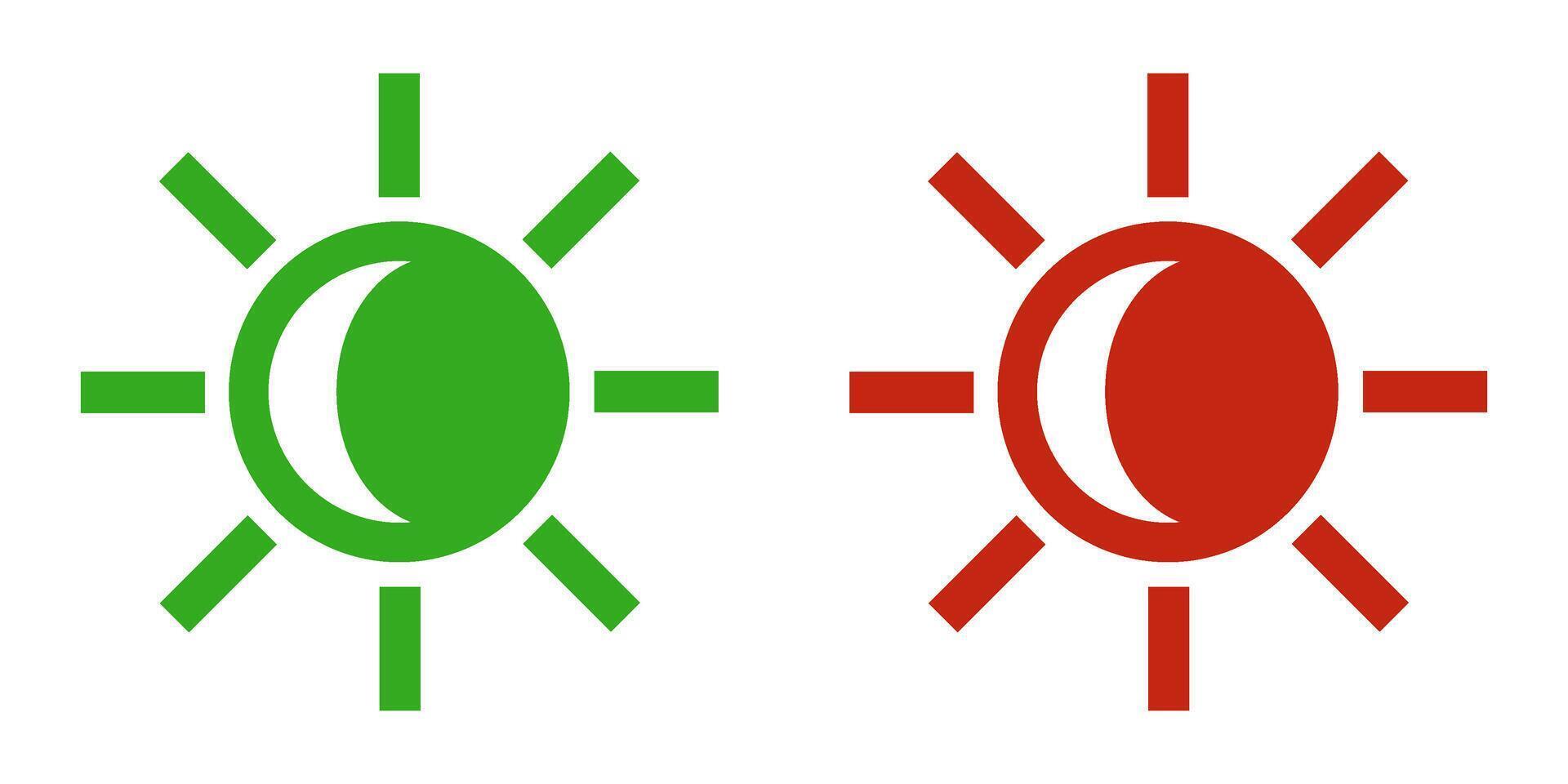 Day and night. Green and red sun icons with the moon. Symbols of brightness and dark mode. Brightness control icons vector