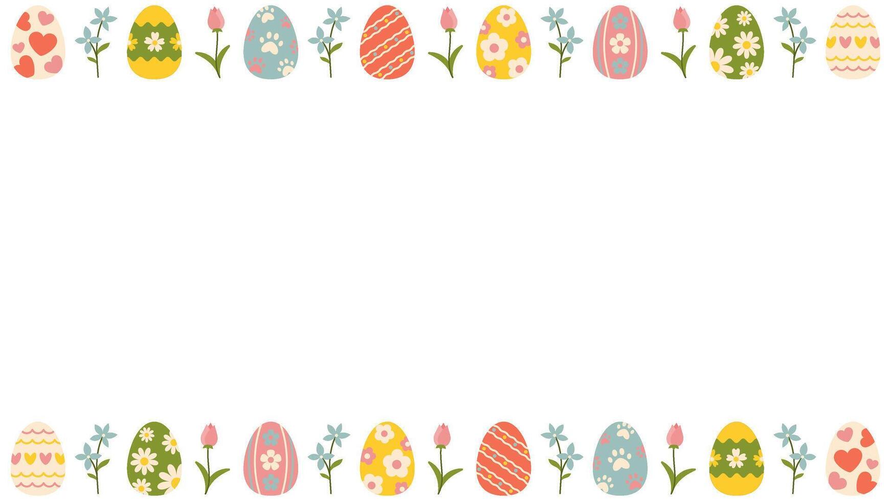 Easter frame with decorative eggs, flowers, and tulips in pastel tones. Spring background for greeting cards, invitations, and celebrations. Easter Border with place for text vector