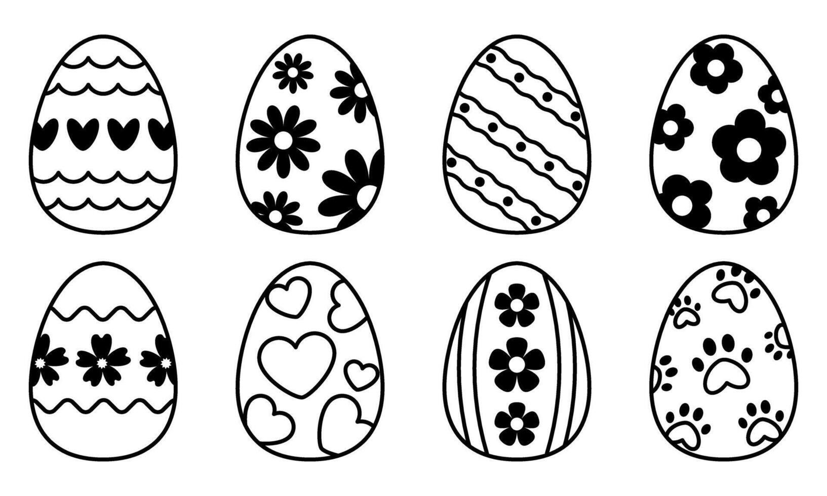 Black outline Easter Eggs with decorative patterns, hearts, flowers, animal feet and wavy lines. Easter egg colouring set. Editable Stroke. Fun Holiday Activity for Kids vector