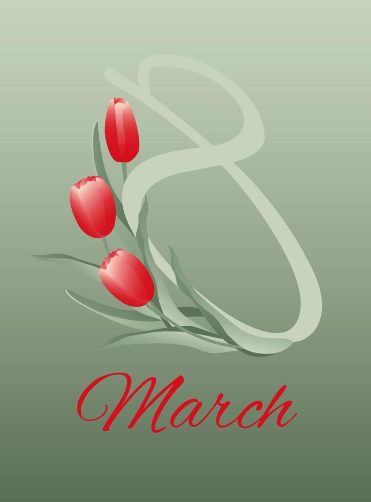 Bouquet of spring flowers tulips on green background. Design for banner, postcards on Womans Day, 8 March. vector