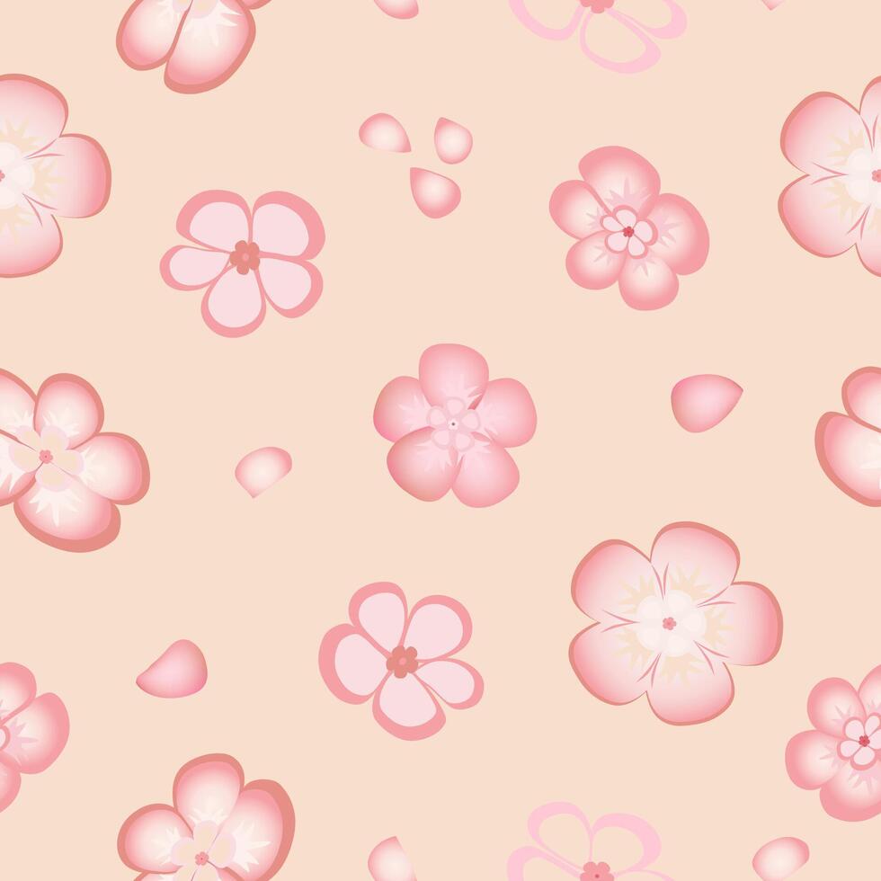 Spring seamless pattern with sakura flowers on pink background. Pink flowers of Japanese cherry, or apple flowers. vector