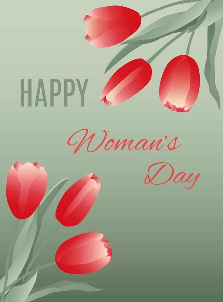 Bouquet of spring flowers tulips on green background. Design for psters, flyers, postcards on Womans Day, 8 March. vector