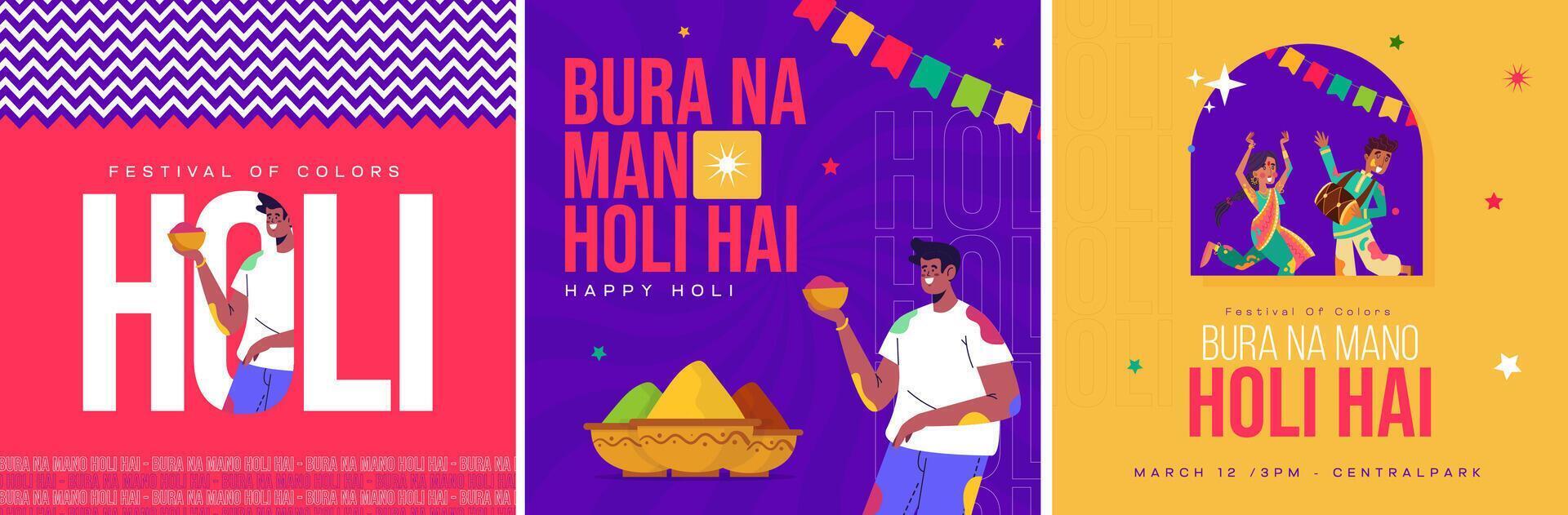 Elegant Happy Holi Colorful Social Media Posts Template vector