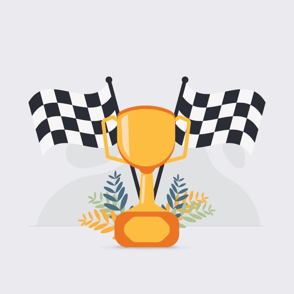 Trophy with black and white checkered flag. Winner concept design illustration vector