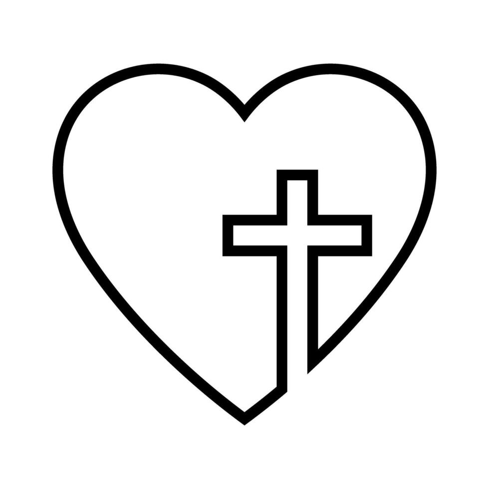 Christian cross in heart, Jesus Christ line illustration. vector