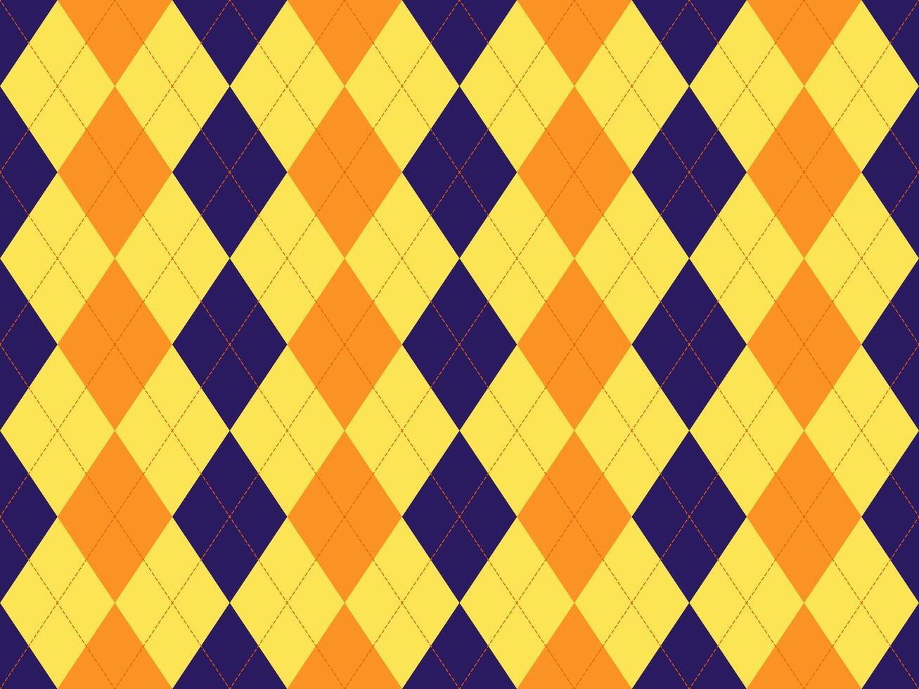 Vibrant argyle pattern in yellow, orange dark blue. Perfect for backgrounds, textiles, or playful designs. Geometric, seamless repeat. Adds a touch of retro style and energy. vector