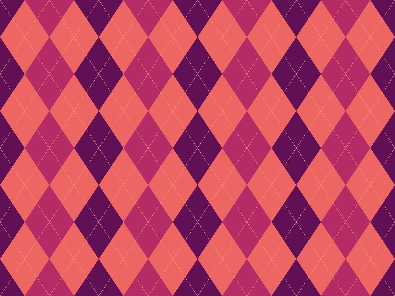 Stylish argyle pattern in coral, purple, and gold. Perfect for backgrounds, textiles, fashion, and web design. Geometric, elegant, and versatile. Evokes a sense of sophistication and tradition. vector