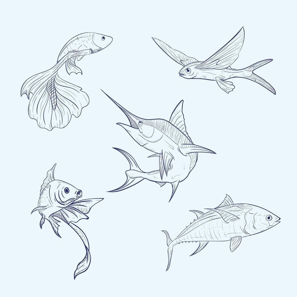 Set of fishes sketches with simple style hand drawn vector