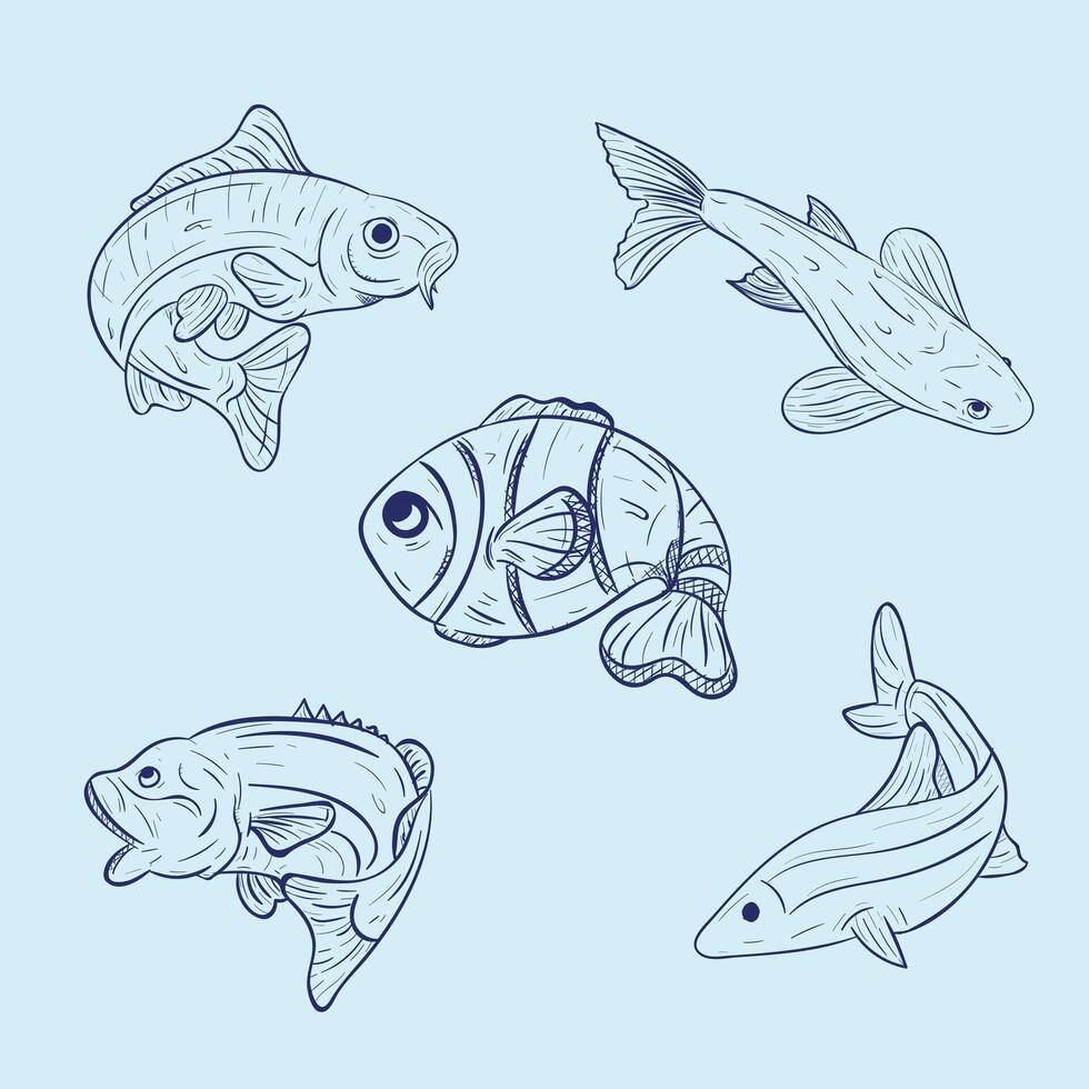 Fish sketch in simple style collection vector