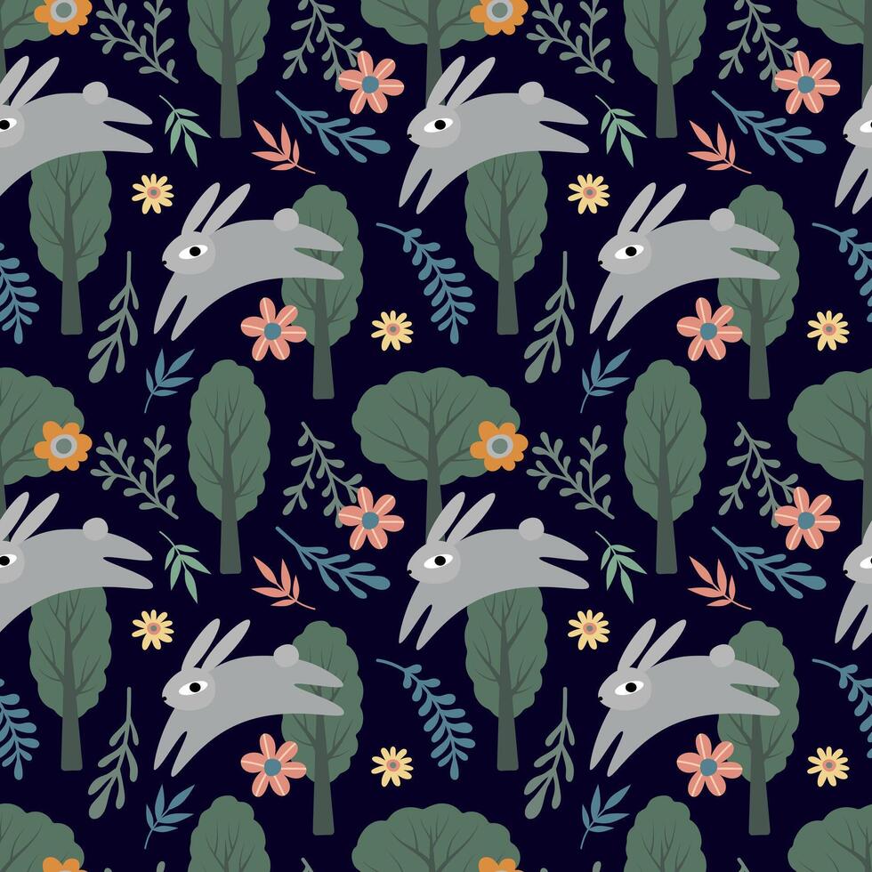 Spring seamless pattern. Cute Easter bunny, trees and flowers on a dark background. illustration for greeting card, fabric, packaging, wrapping paper vector