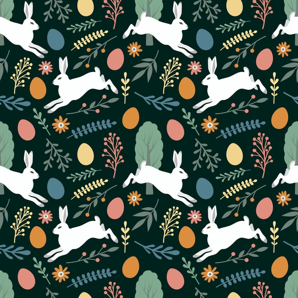 Easter seamless pattern. Easter bunny, eggs and flowers on a dark green background. illustration for card, wrapping paper, fabric, background, packaging vector