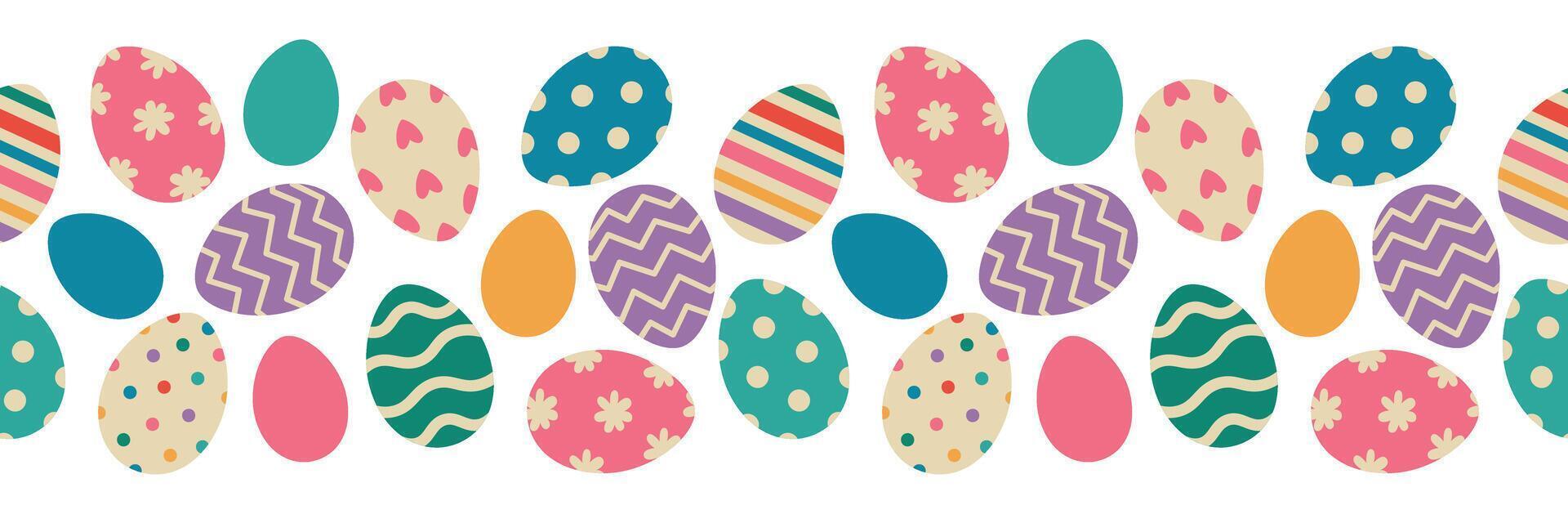 Easter egg seamless border. Varied eggs with polka dots, stripes, and flowers. Holiday illustration for banner, greeting card, tableware design, packaging, fabric vector