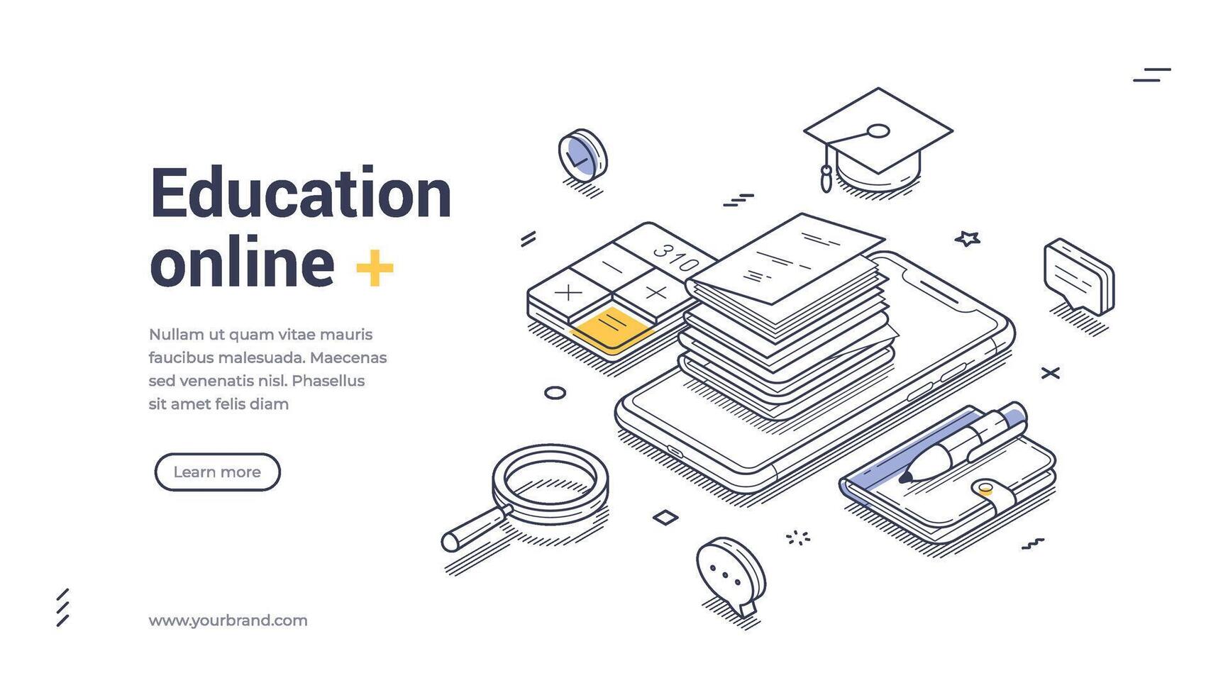 Online education web banner template featuring isometric line art design for digital learning vector