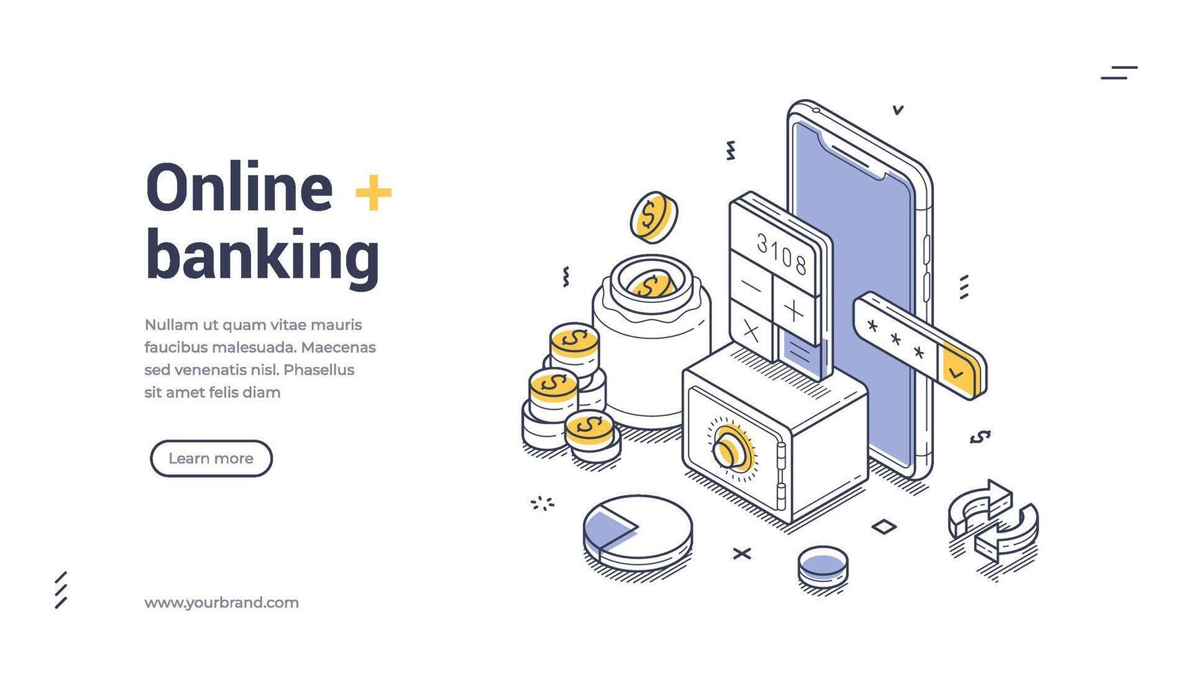 Banner showcase online banking features with detailed isometric designs vector