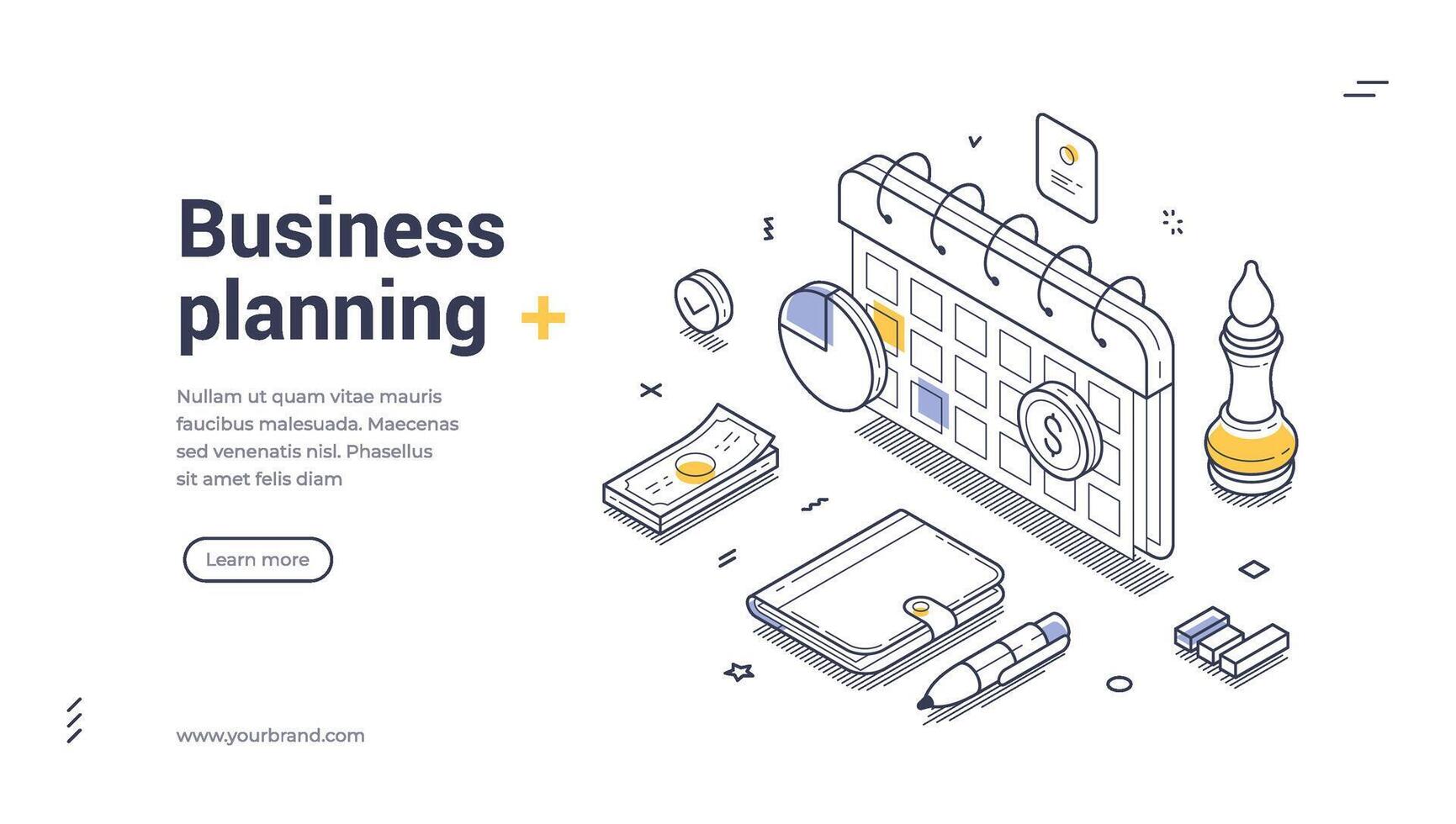 Business planning web banner template featuring isometric design elements in line art style vector