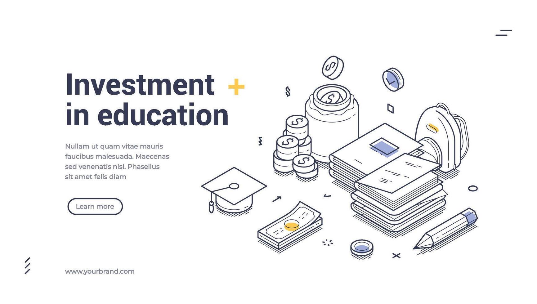 Investment in education web banner template featuring isometric design and line art elements vector