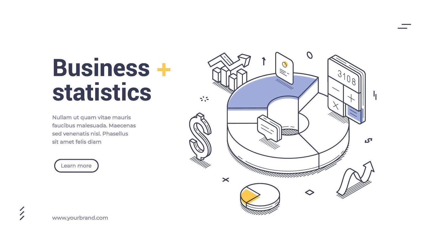 Business statistics web banner template featuring isometric design and line art elements vector