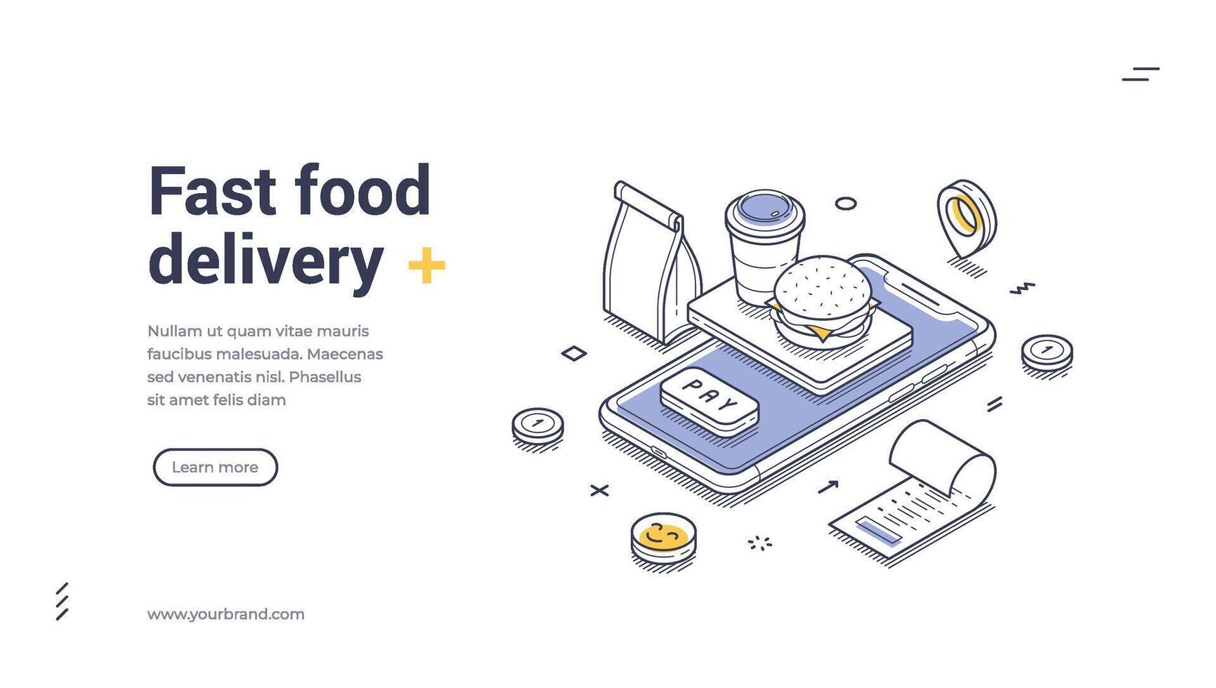 Fast food delivery web banner template featuring isometric design elements and line art vector