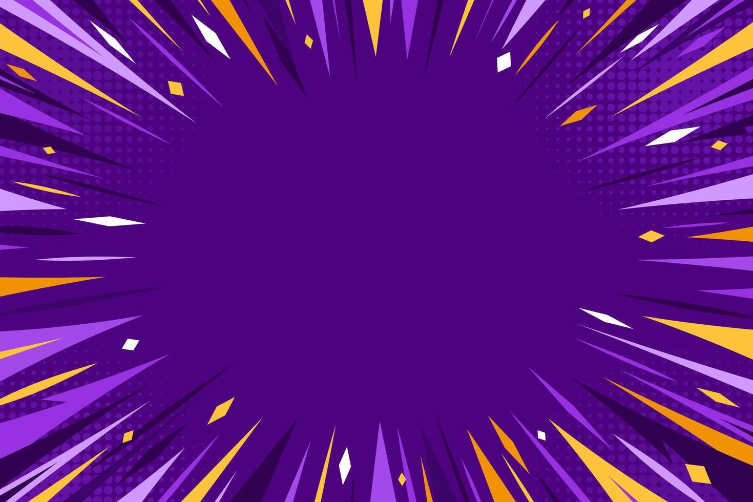Zoom comic book cartoon purple background. Modern creative pop art purple background with speed lines. Pop art comic backdrop in purple, white and yellow tones vector