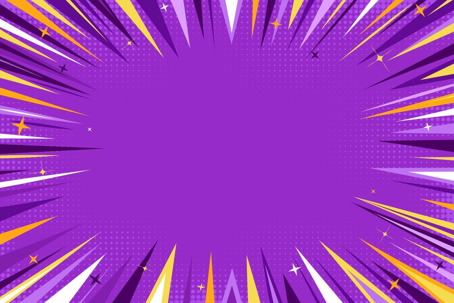 Purple comic book cartoon background. Modern creative pop art purple background with halftone and stars. Pop art speed zoom backdrop in purple, white and yellow tones vector
