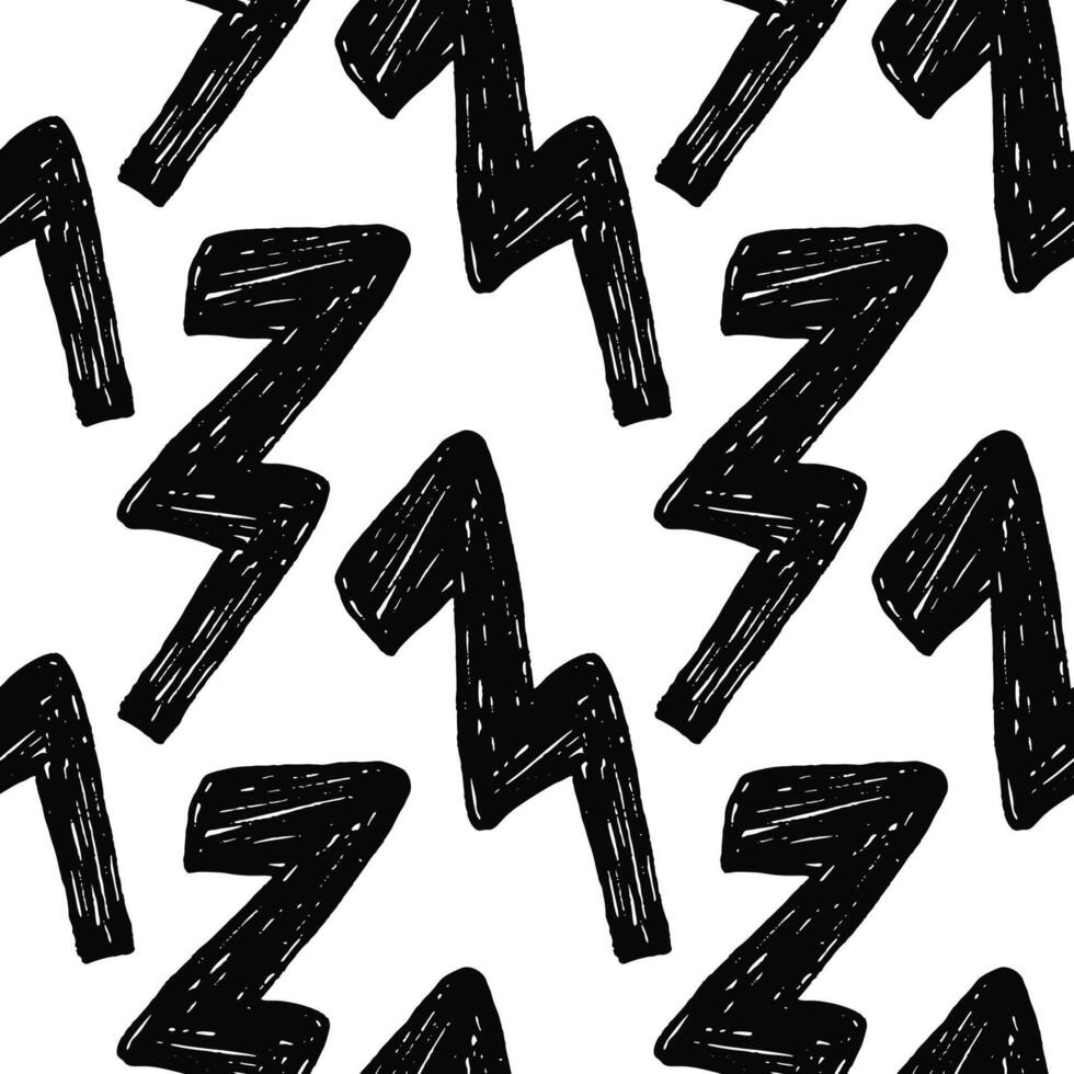Seamless pattern with bold groovy thunver lightning bolts in trendy crayon drawing style. Funky bold crayon thunder shapes pattern vector