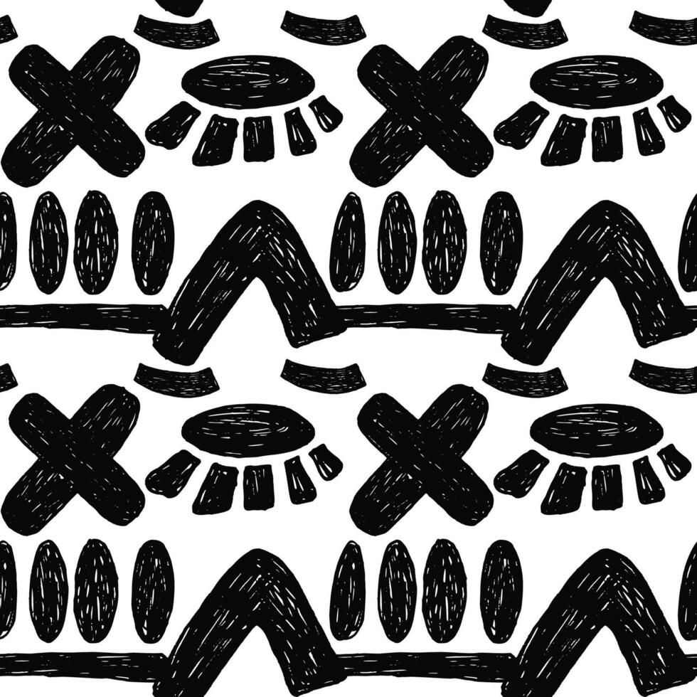 Abstract seamless pattern with bold geometric bizarre shapes in trendy crayon drawing style. Bold pencil abstract shapes forming a pattern. Trendy black and white design vector