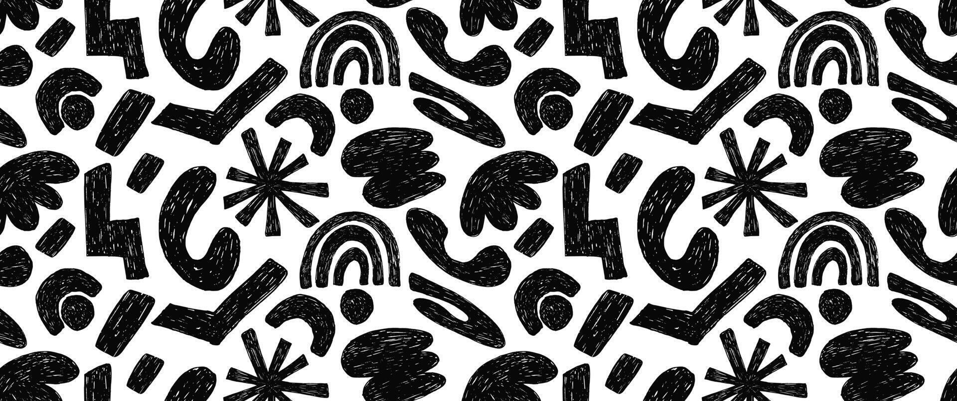 Groovy seamless pattern with bold geometric bizarre shapes in trendy crayon drawing style. Bold pencil abstract shapes forming a pattern. Trendy black and white design vector