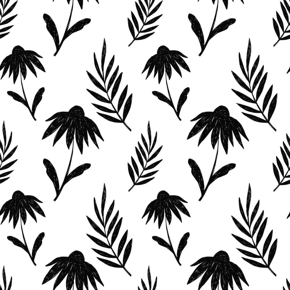 Seamless Pattern with Black Eyed Susan Fowers and Leaves in Trendy Pencil, Crayon Drawing Style. Black bold crayon floral pattern. Drawn manual on paper vector