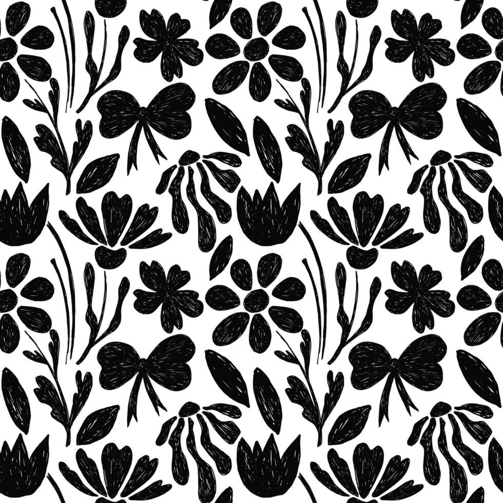 Seamless pattern with spring flowers and plants in trendy pencil, crayon drawing style. Black bold crayon floral shapes pattern. Drawn manual on paper vector