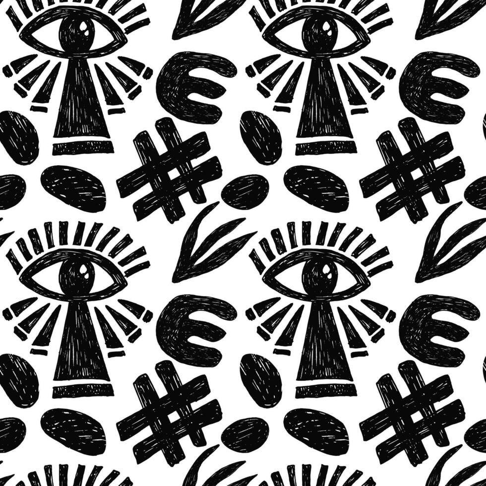 Groovy seamless pattern with bold geometric bizarre shapes in trendy crayon drawing style. Bold pencil abstract shapes forming a pattern. Trendy black and white design vector