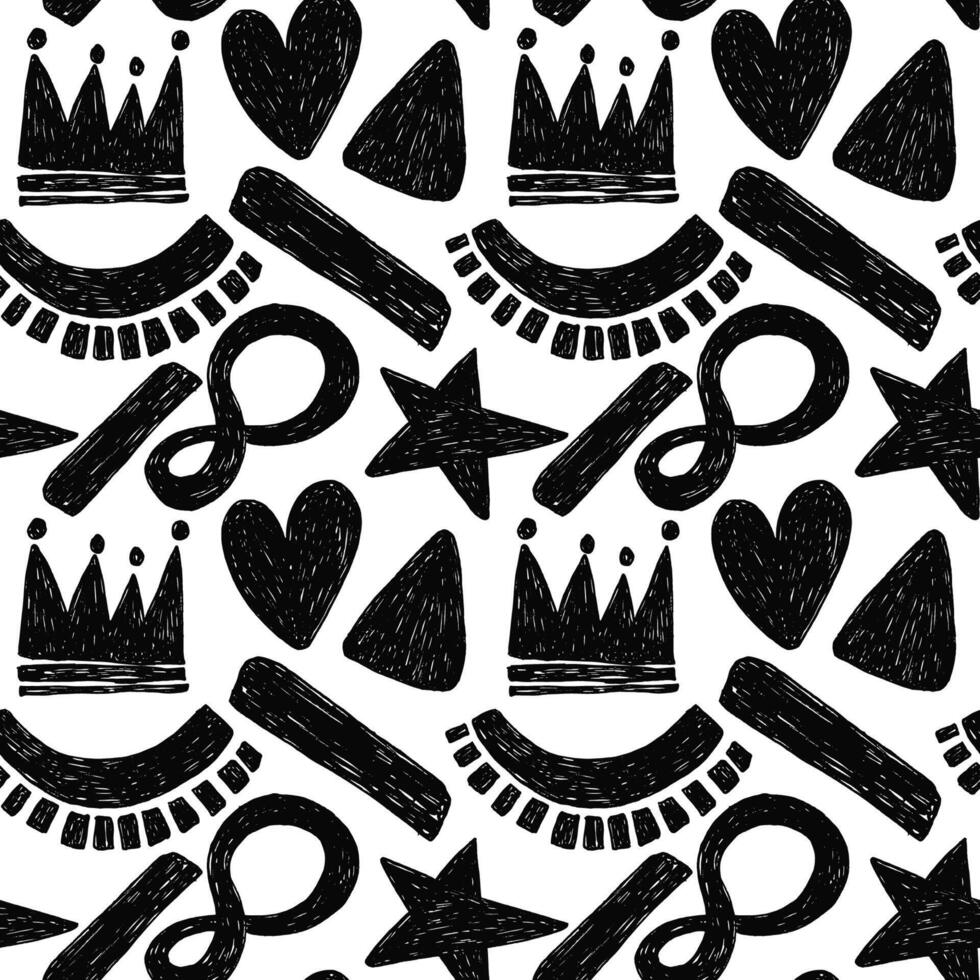 Pencil seamless pattern with bold geometric bizarre shapes in trendy drawing style. Bold crayon abstract shapes forming a pattern. Modern black and white design vector