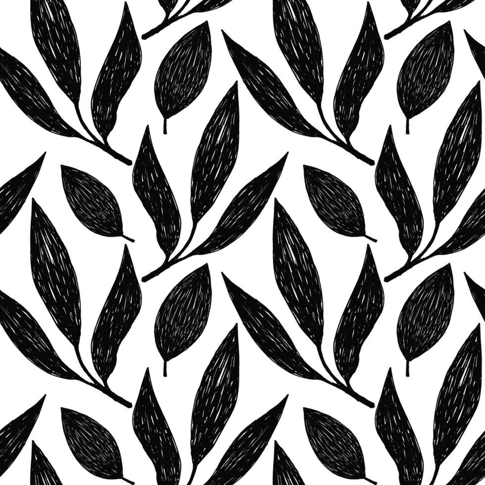 Seamless pattern with bold spring leaves in trendy crayon drawing style. Black bold crayon leaf shapes pattern. Drawn manual on paper vector