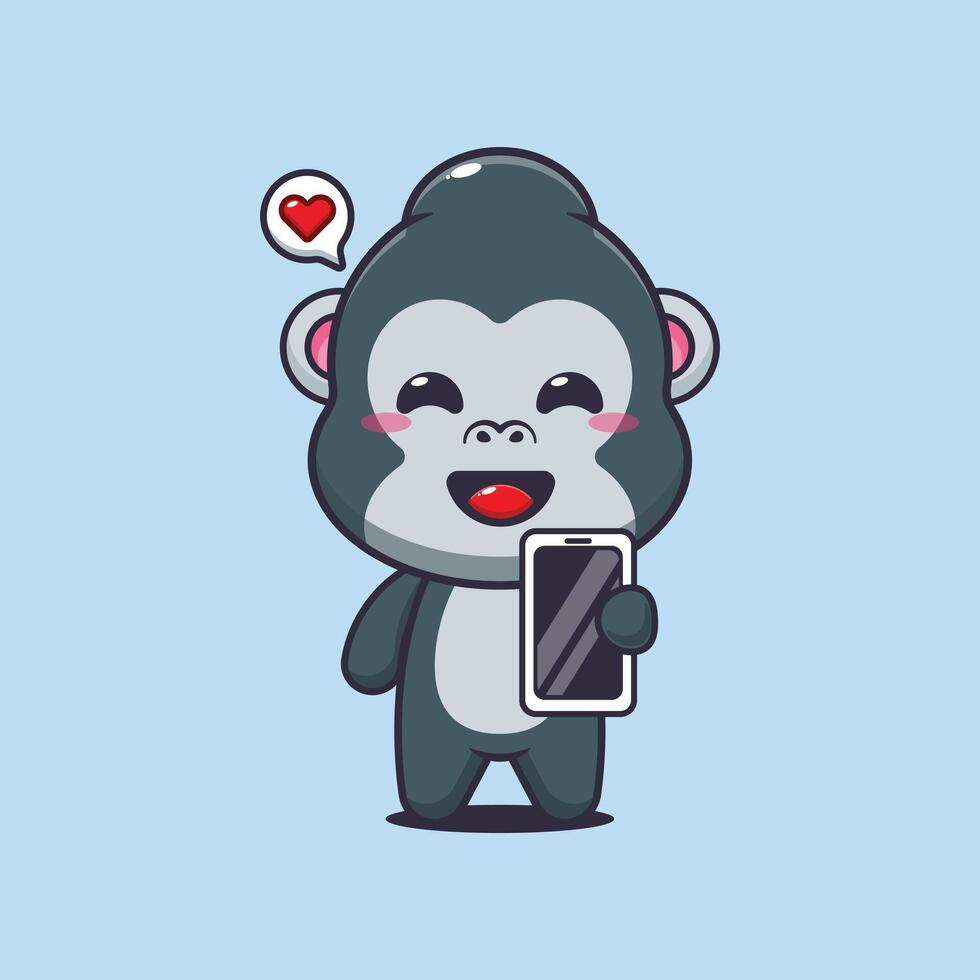 gorilla mascot cartoon character illustration with mobile phone vector