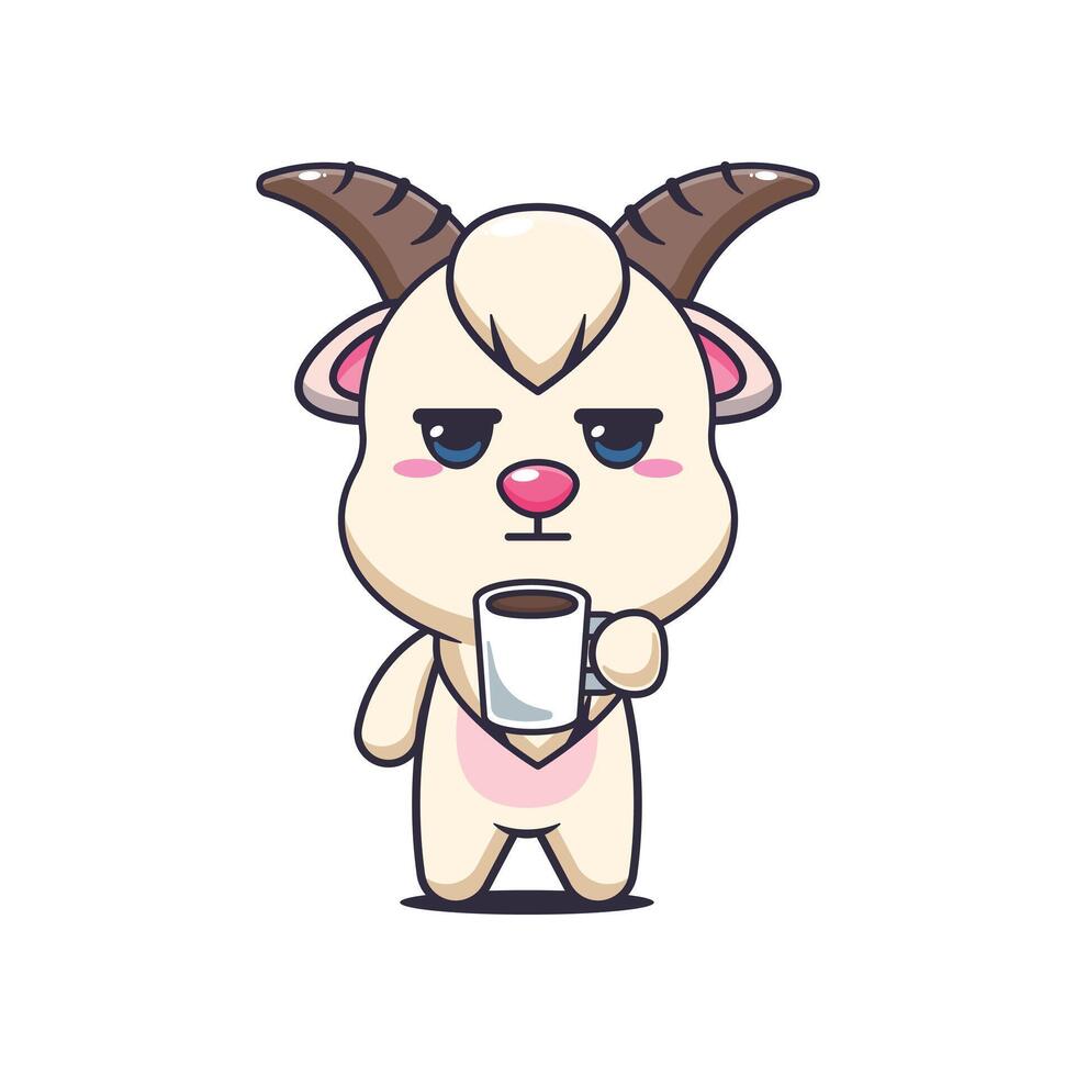 goat mascot cartoon character illustration is tired and sleepy holding coffee vector