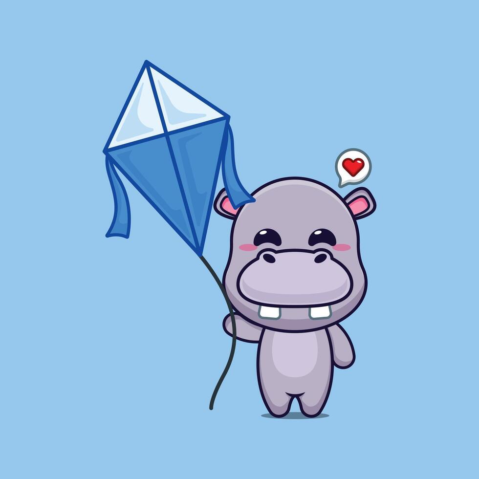 hippo mascot cartoon character illustration playing kite vector