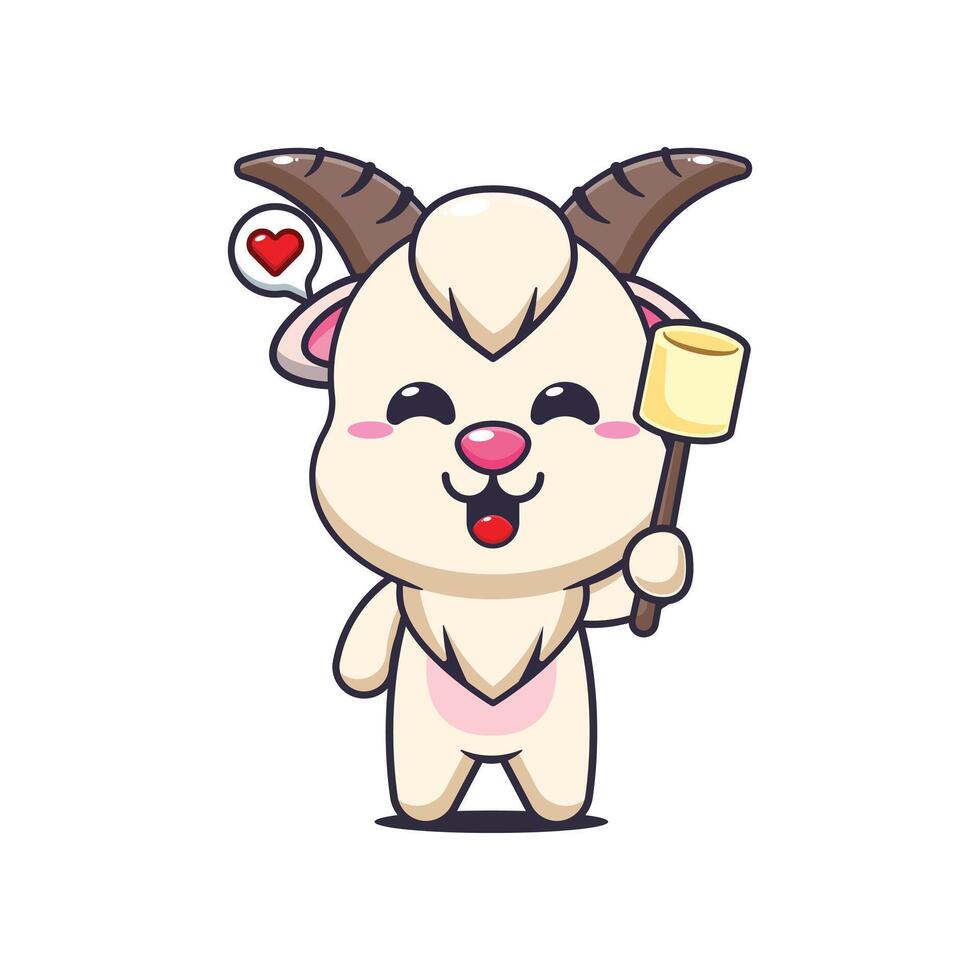 goat mascot cartoon character illustration eating marshmallow vector