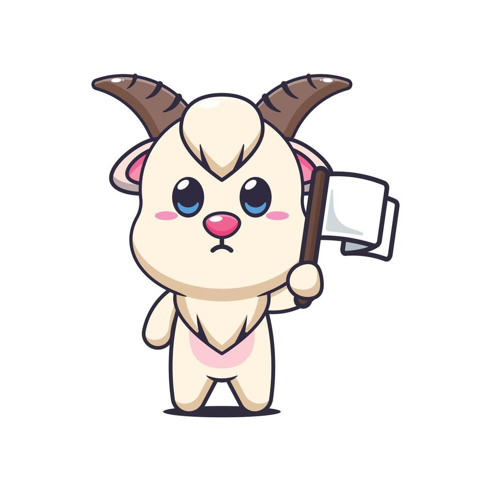 goat mascot cartoon character illustration with white flag vector