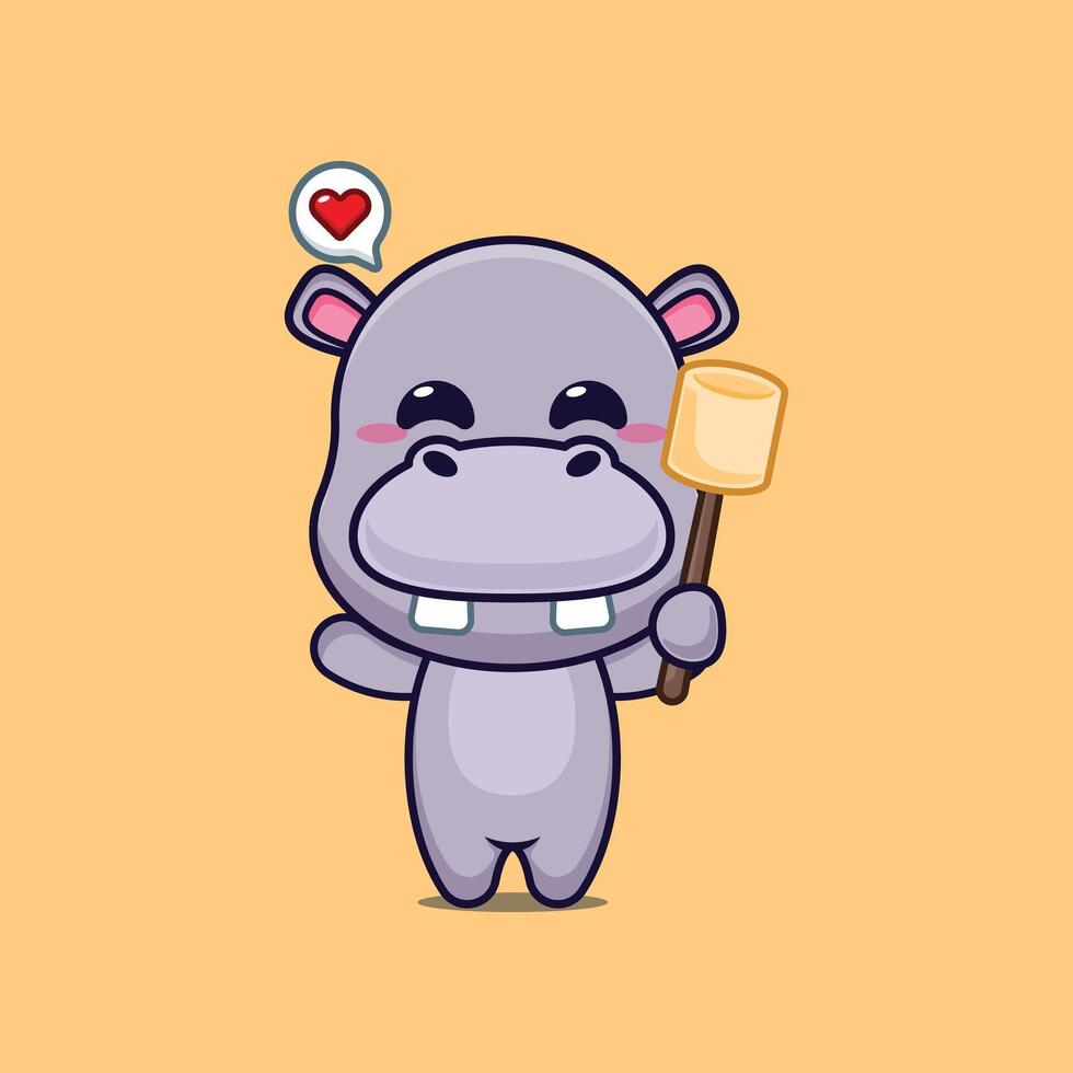 hippo mascot cartoon character illustration eating marshmallow vector