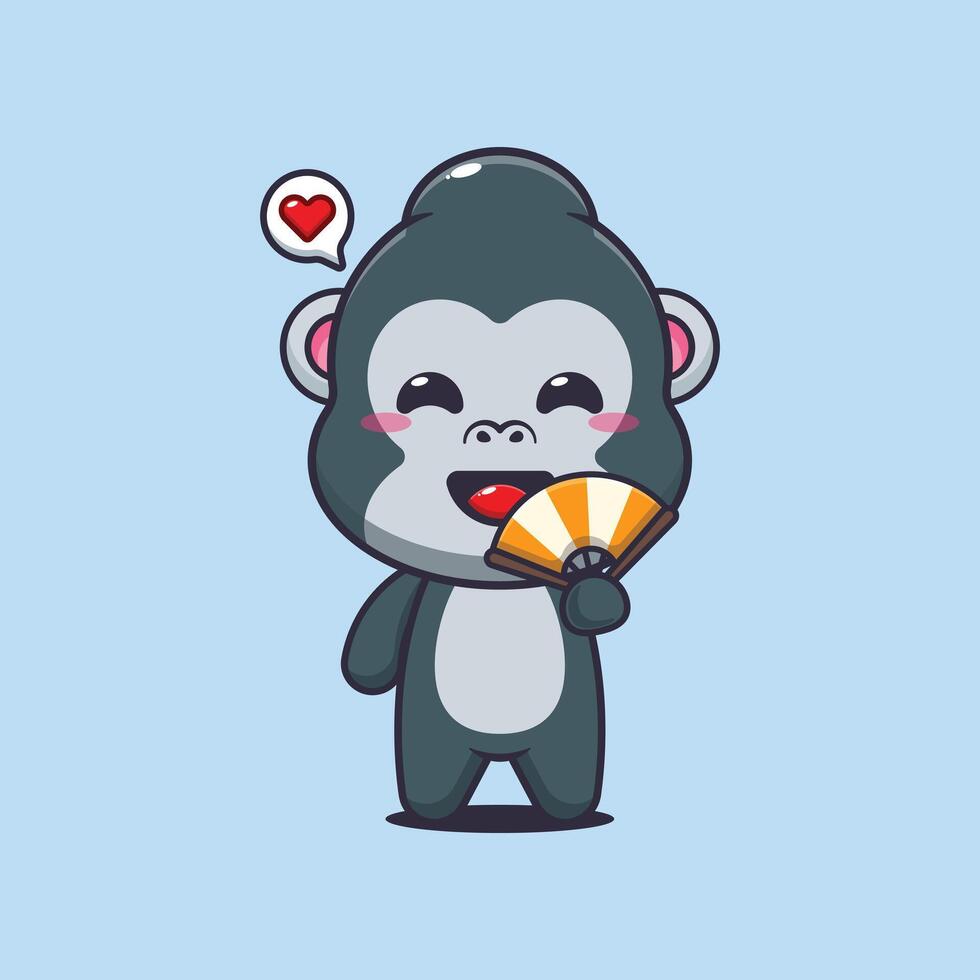 gorilla mascot cartoon character illustration with hand fan vector