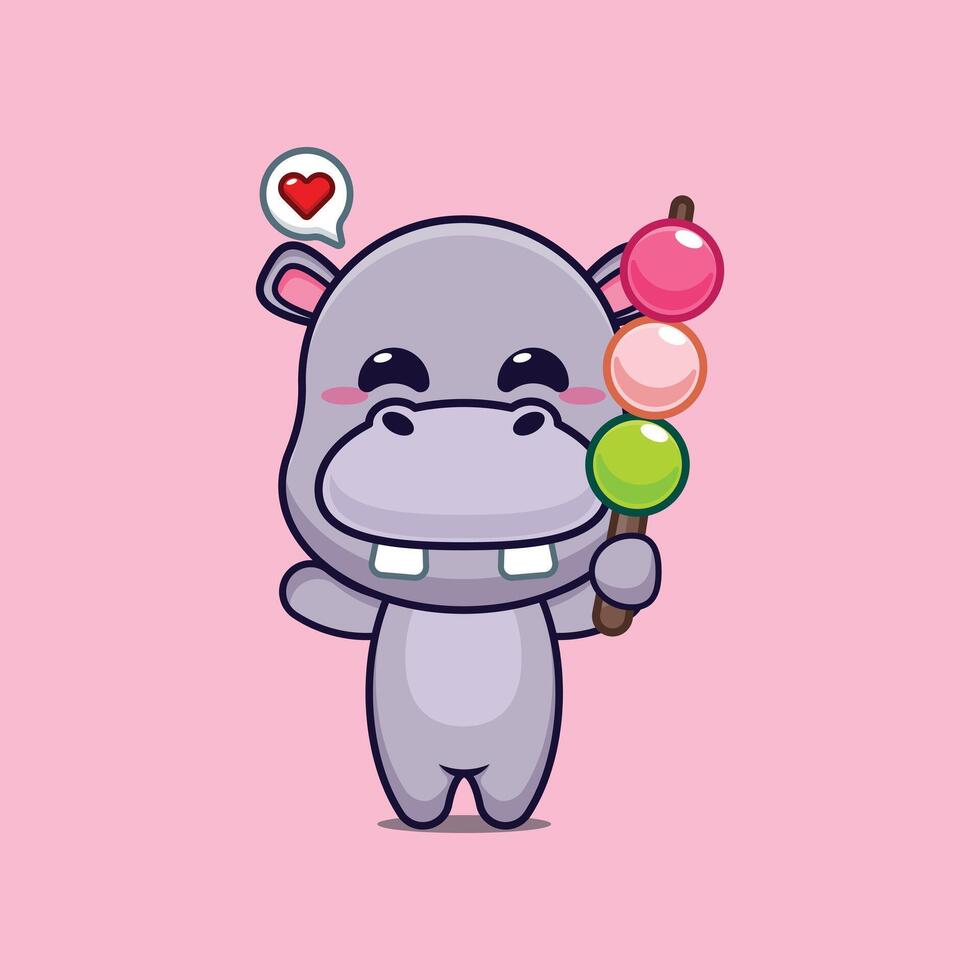 hippo mascot cartoon character illustration eating dango vector