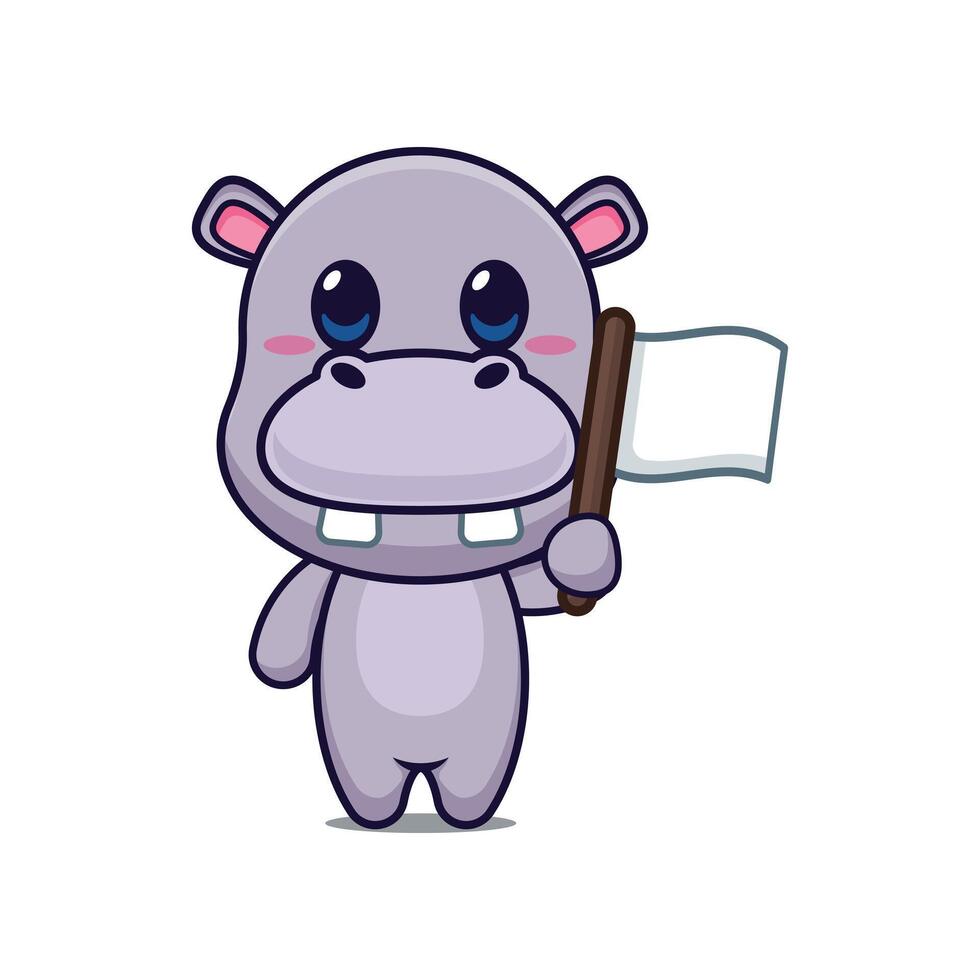 hippo mascot cartoon character illustration with white flag vector