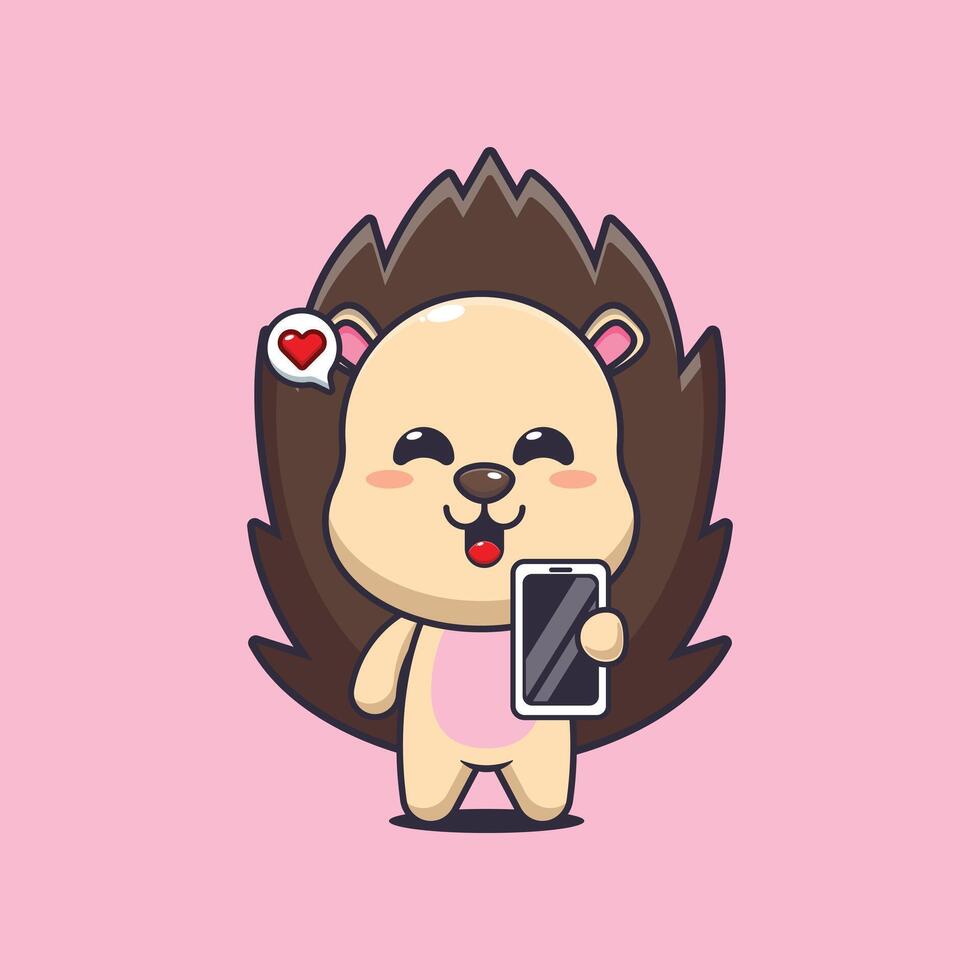 hedgehog mascot cartoon character illustration with mobile phone vector