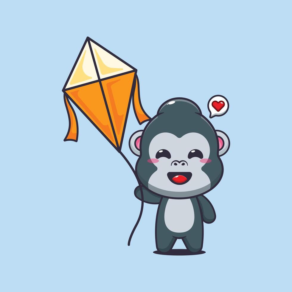 gorilla mascot cartoon character illustration playing kite vector