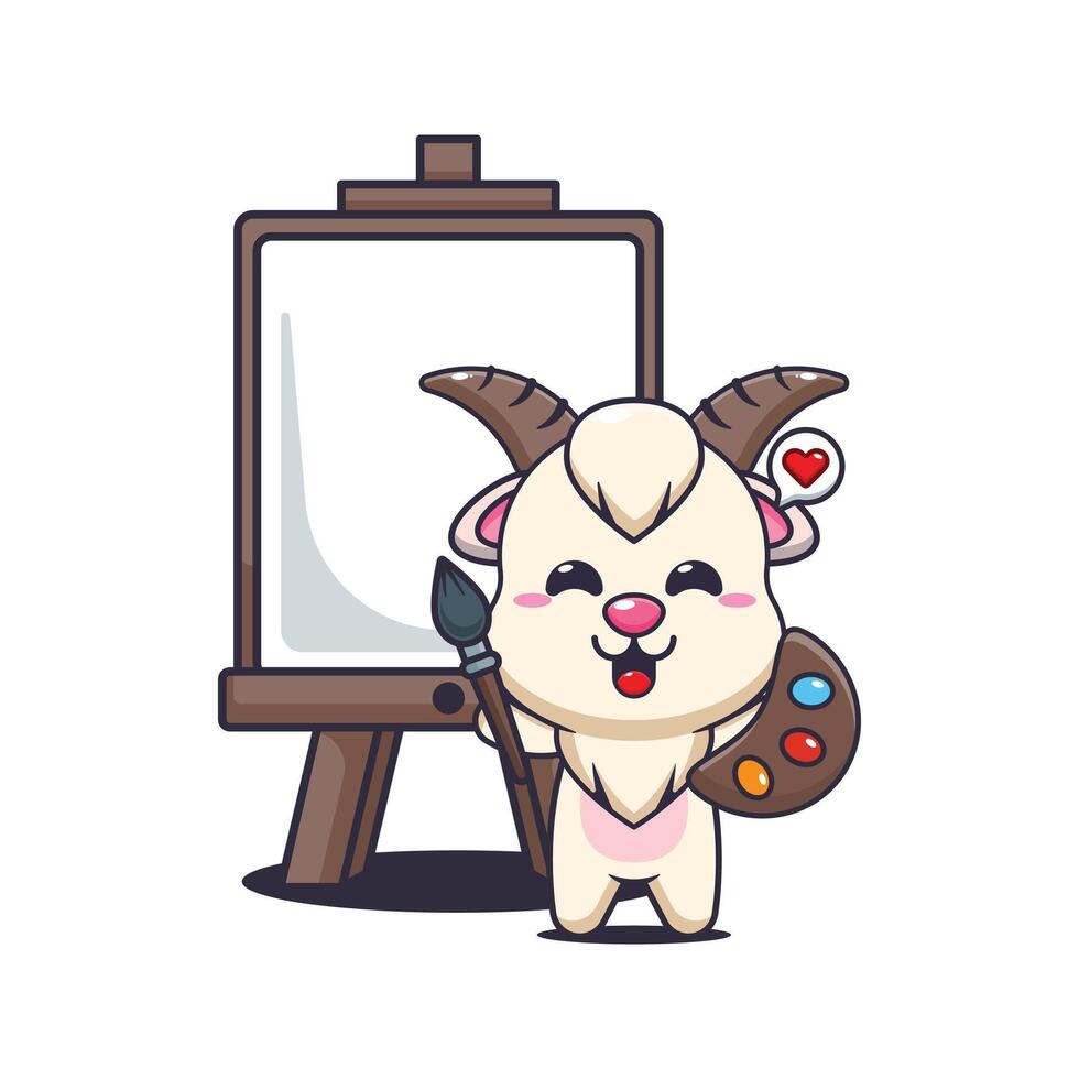 goat mascot cartoon character illustration wants to paint on canvas vector