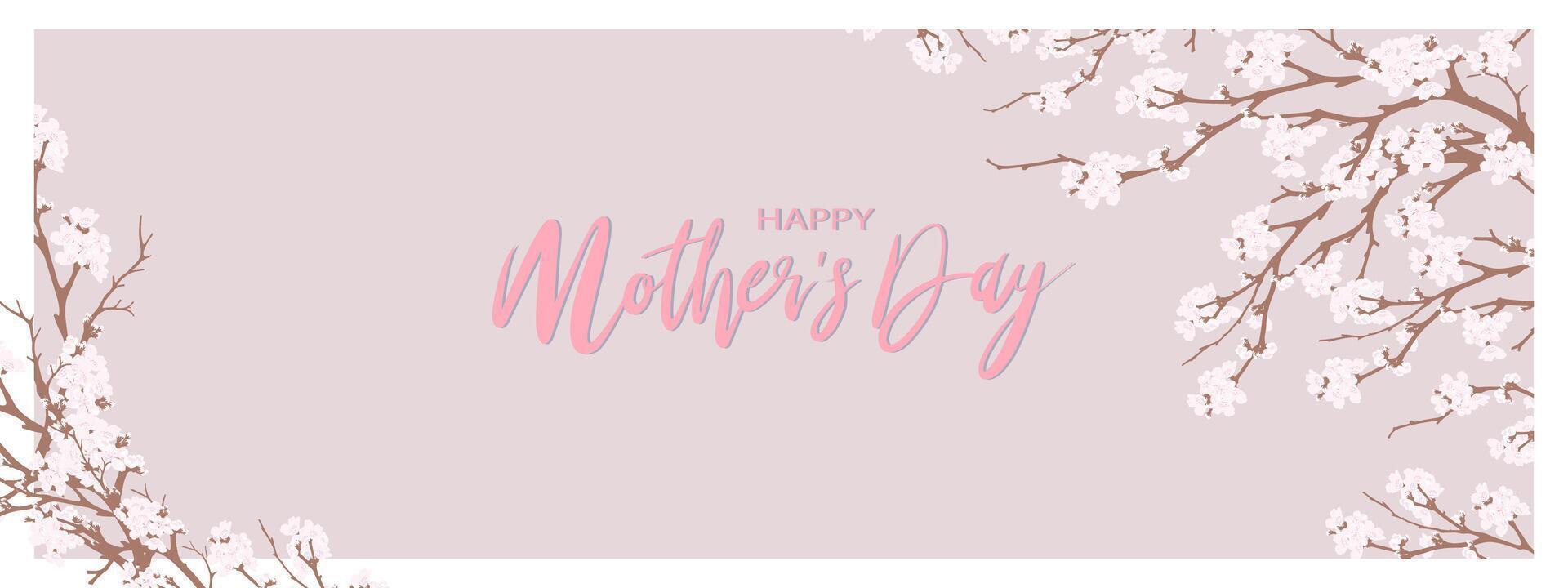 Mothers day design template banner with White Cherry blossom border on pink pastel background, illustration horizontal backdrop or greeting card cute blooming flora frame vector
