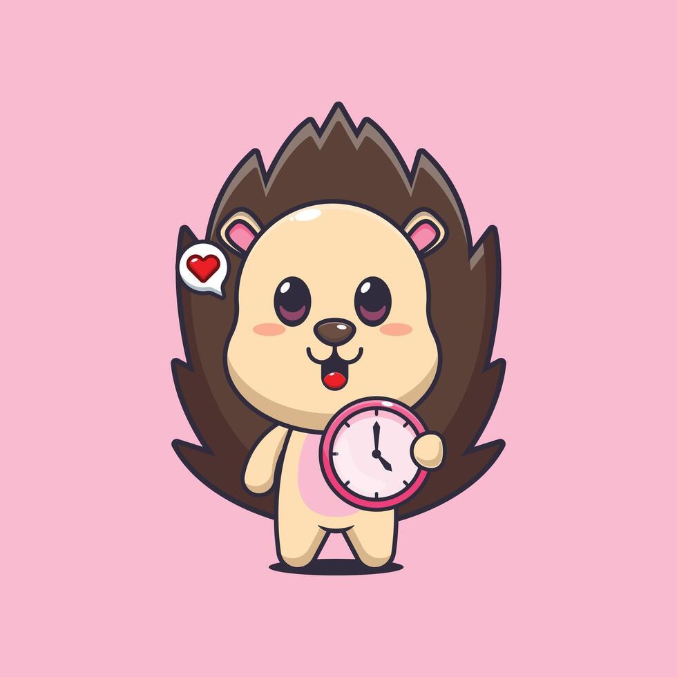 hedgehog mascot cartoon character illustration with clock vector