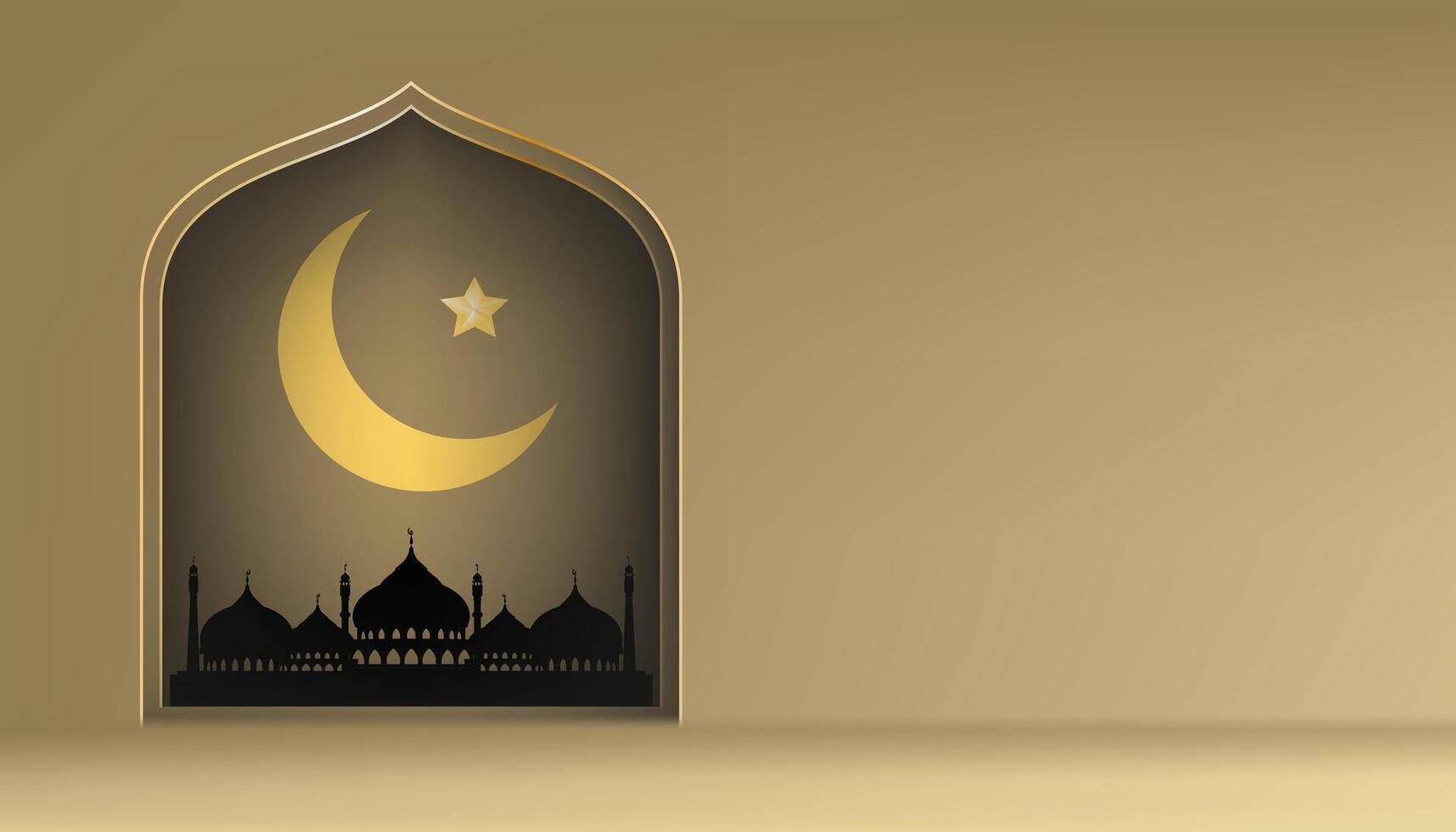 Eid Mubarak Ramadan Kareem Background,Islamic 3D Podium Decoration Crescent Moon,Lamp and Star hanging on Gold, minimalist Greeting on Ramadhan,Eid Al Adha,Eid Al Fitr,Islamic new year Muharram vector