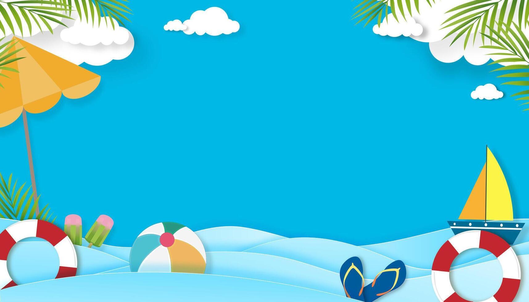 Summer background,Beach sea wave with palm leaf,could on blue sky background for Holiday vacation banner, backdrop paper cut Summertime for poster sale,promotion vector