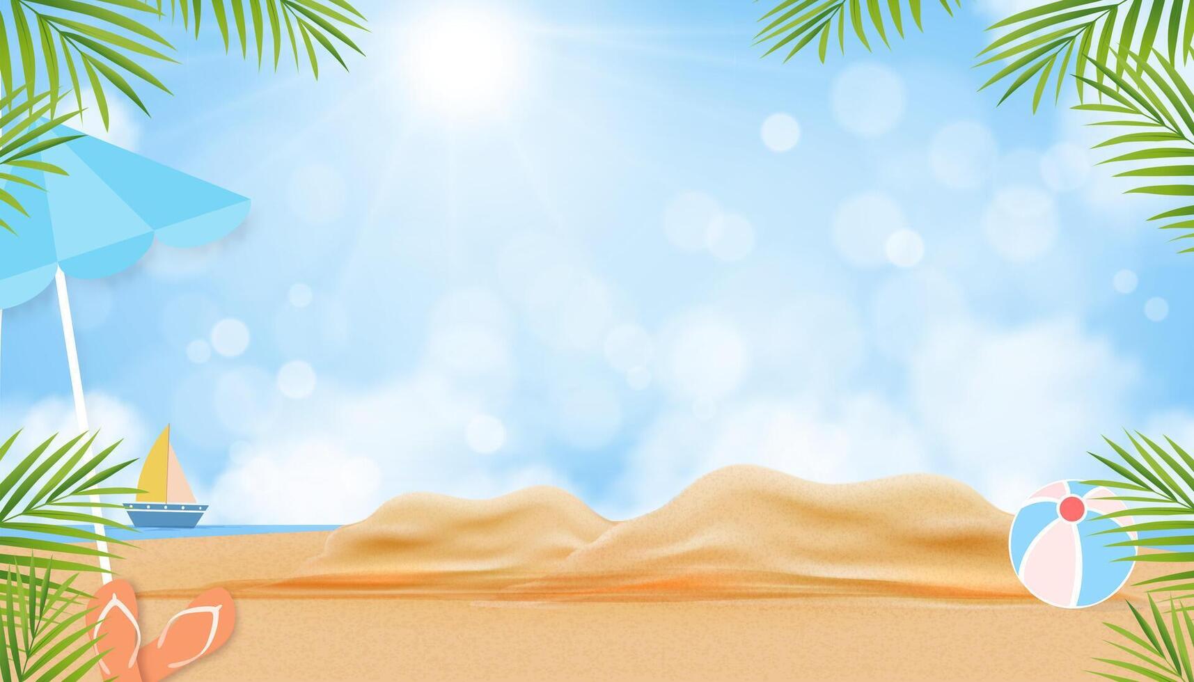 Summer background,Sea ocean, sand beach with blurry bokeh light on blue sky, could with sunlight in morning for Summer vibes banner,Sale Promotion vector